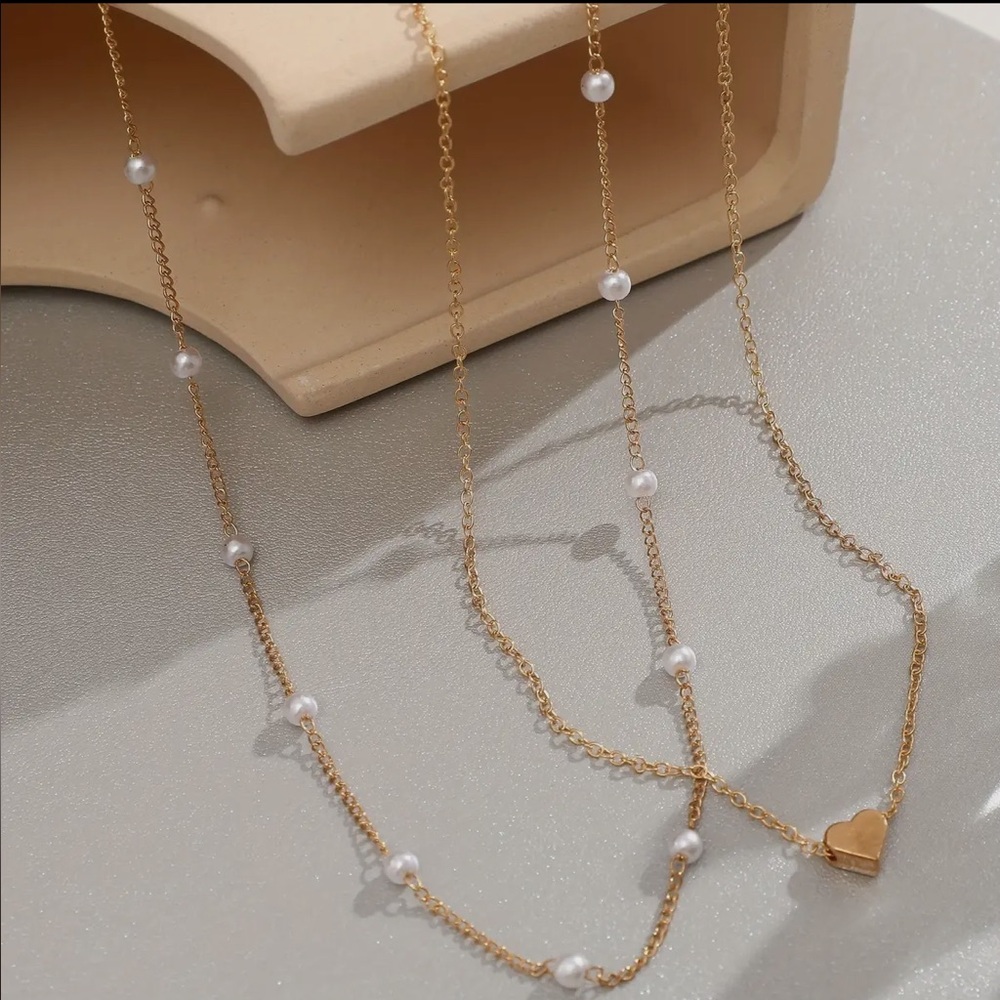 Gold Pearl Station Double Layer Necklace with Heart Pendant